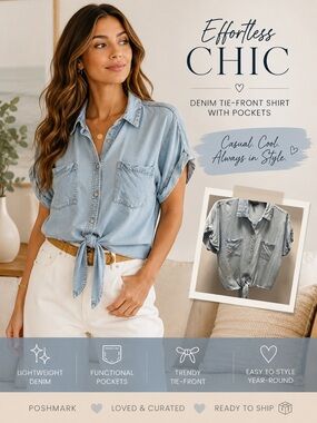 Denim Tie-Front Shirt with Pockets